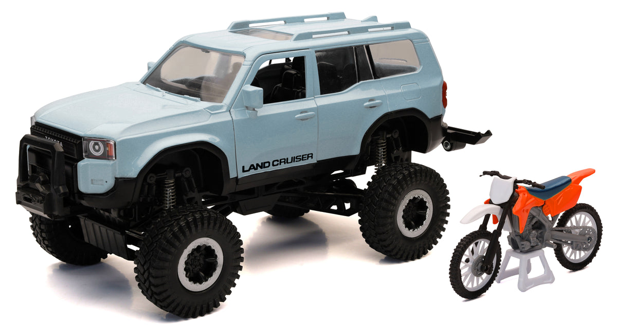 NEW-RAY 1:18 SCALE TRUCK/RACE BIKE LAND CRUISER/ORANGE RACE BIKE